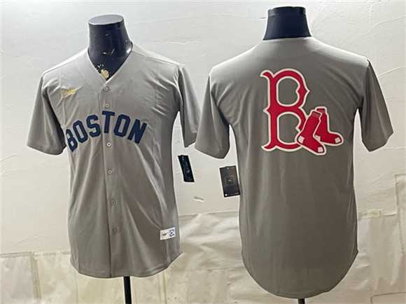 Men%27s Boston Red Sox Team Big Logo Grey Cooperstown Collection Limited Stitched Baseball Jersey