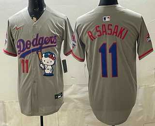 Men%27s Los Angeles Dodgers #11 Roki Sasaki Grey Hello Kitty 2025 World Series Champions Limited Jersey