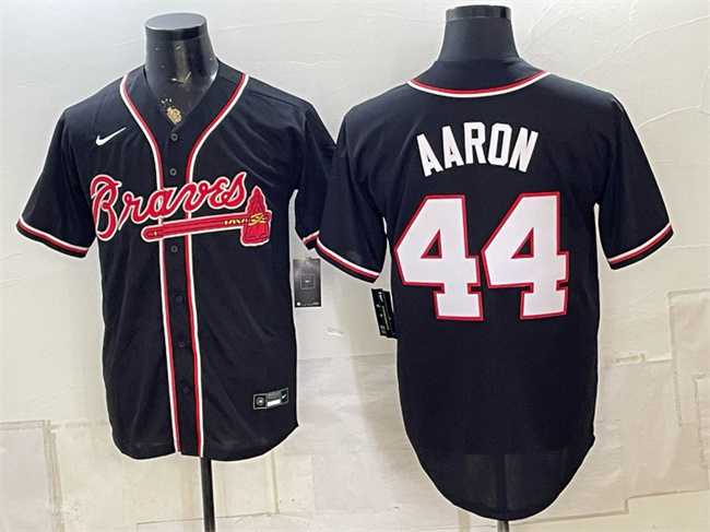 Men%27s Atlanta Braves #44 Hank Aaron 2026 Fashion Replica Black Out Stitched Jersey