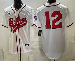 Men%27s Philadelphia Phillies #12 Kyle Schwarber White 2026 Field of Dreams Stadium Stitched Jersey