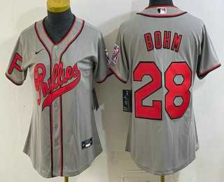 Women%27s Philadelphia Phillies #28 Alec Bohm Name Gray 2026 Field of Dreams Stadium Stitched Jersey