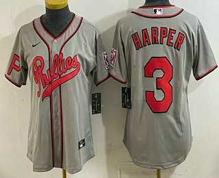 Women%27s Philadelphia Phillies #3 Bryce Harper Grey 2026 Field of Dreams Stadium Stitched Jersey