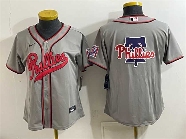Women%27s Philadelphia Phillies Team Big Logo Gray 2026 Field of Dreams Stadium Stitched Baseball Jersey(Run Small)
