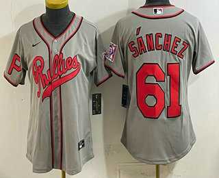 Women%27s Philadelphia Phillies #61 Cristopher Sanchez Gray 2026 Field of Dreams Stadium Stitched Jersey