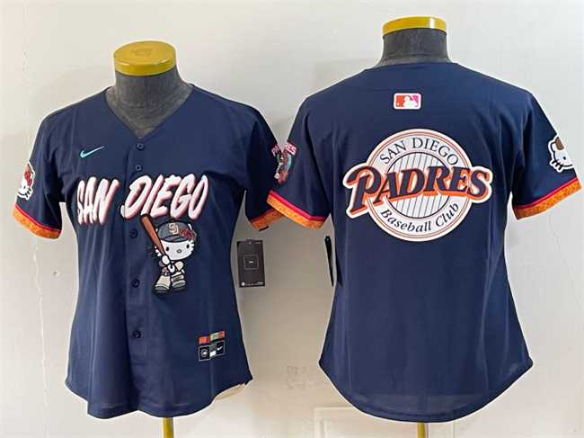 Women%27s San Diego Padres X Hello Kitty Team Big Logo Obsidian 2026 City Connect Stadium Stitched Baseball Jersey(Run Small)