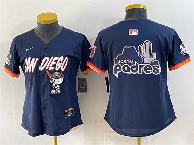 Womens San Diego Padres X Hello Kitty Team Big Logo Obsidian 2026 City Connect Stadium Stitched Baseball Jersey(Run Small)