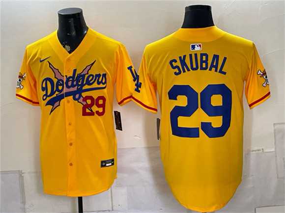 Men%27s Los Angeles Dodgers x One Piece #29 Tarik Skubal Yellow Vapor Premier Limited Jersey Dzhi