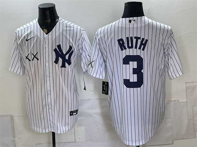 Men%27s New York Yankees x KAWS #3 Babe Ruth White Stadium Stitched Jersey