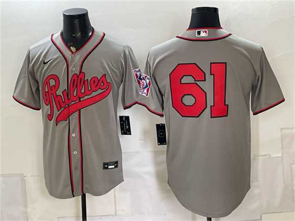 Men%27s Philadelphia Phillies #61 Cristopher Sanchez Gray 2026 Field of Dreams Stadium Stitched Baseball Jersey