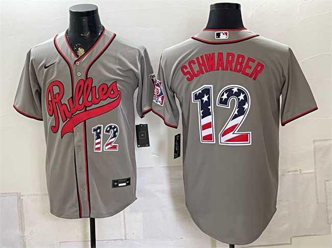 Men%27s Philadelphia Phillies #12 Kyle Schwarber Gray 2026 Field of Dreams USA 250 Fourth of July Stadium Stitched Jersey Dzhi