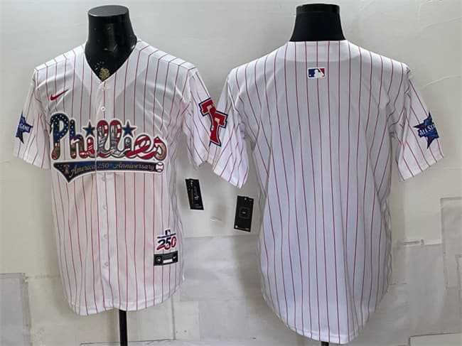 Men%27s Philadelphia Phillies Blank White 2026 All-Star & USA 250 Fourth of July Home Stitched Jersey Dzhi