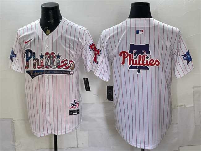 Men%27s Philadelphia Phillies Team Big Logo White 2026 All-Star & USA 250 Fourth of July Home Stitched Jersey Dzhi