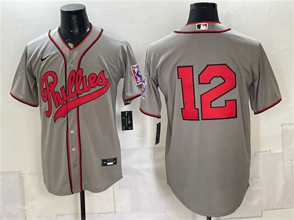 Men%27s Philadelphia Phillies #12 Kyle Schwarber Gray 2026 Field of Dreams Stadium Stitched Jersey