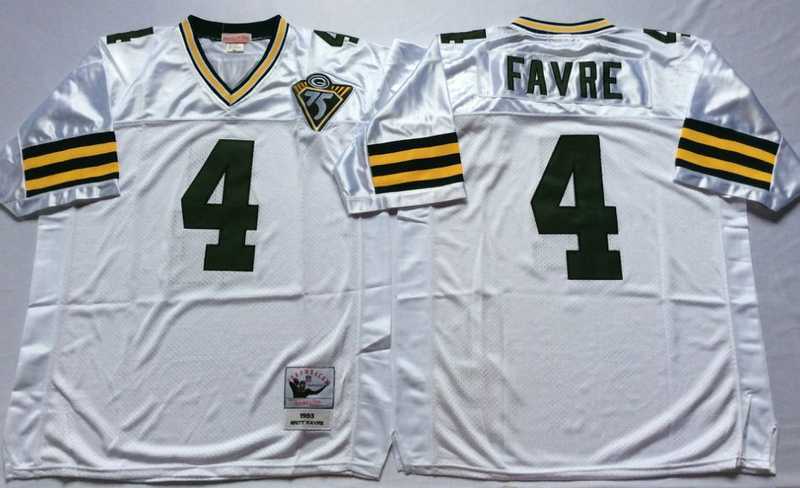 Men%27s Green Bay Packers #4 Brett Favre White Throwback Stitched Football Jersey