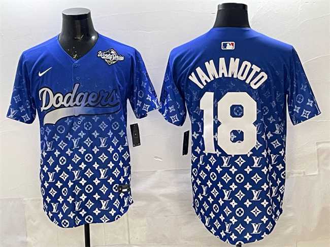 Men%27s Los Angeles Dodgers #18 Yoshinobu Yamamoto Blue 2025 World Series Patch Limited Stitched Jersey