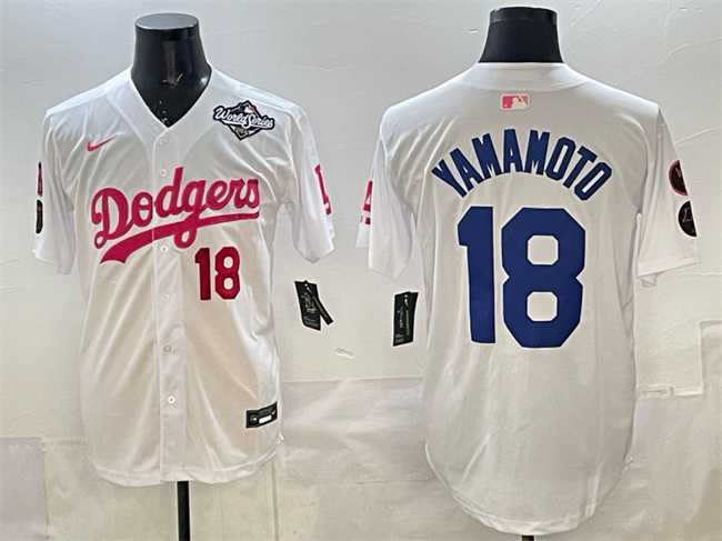 Men%27s Los Angeles Dodgers #18 Yoshinobu Yamamoto White Pink 2025 World Series Vin & Kobe Patch Limited Stitched Jersey