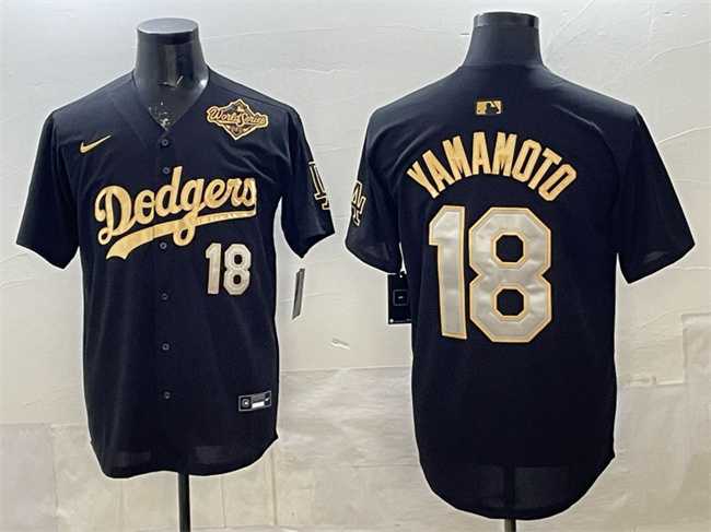 Men%27s Los Angeles Dodgers #18 Yoshinobu Yamamoto Black Gold 2025 World Series Patch Limited Stitched Jersey