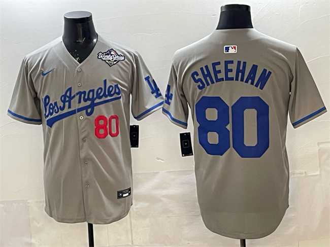 Men%27s Los Angeles Dodgers #80 Emmet Sheehan Grey 2025 World Series Patch Limited Stitched Jersey
