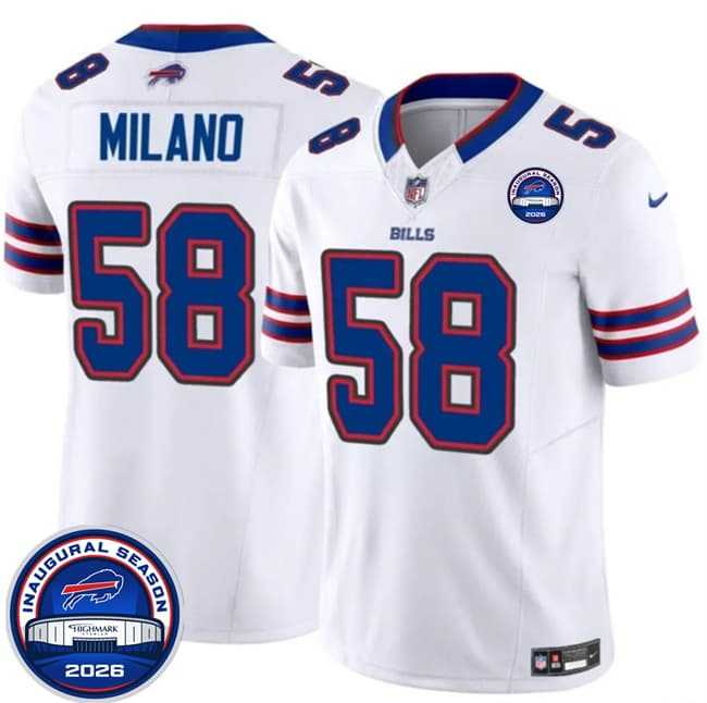 Men%27s Buffalo Bills #58 Matt Milano White F.U.S.E. 2026 Inaugural Season at Highmark Stadium Stitched Jersey Dzhi