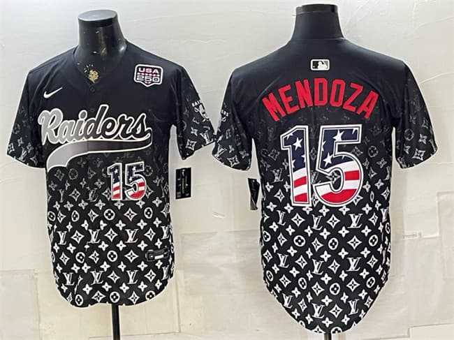 Mens Las Vegas Raiders #15 Fernando Mendoza Black USA 250 Fourth of July Vapor Limited Stitched Baseball Jersey Dzhi