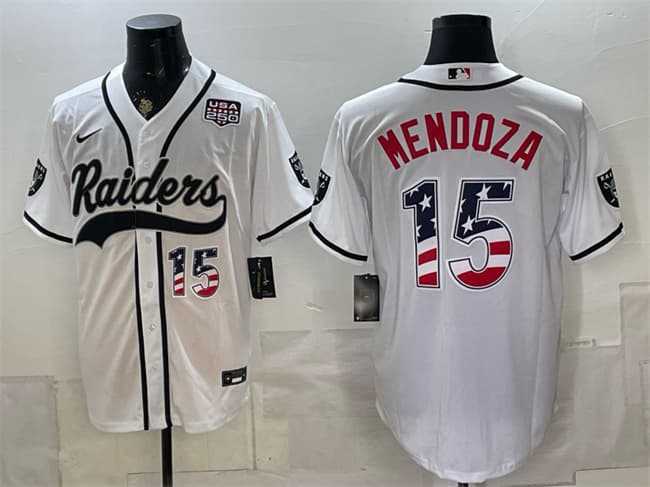 Men%27s Las Vegas Raiders #15 Fernando Mendoza White USA 250 Fourth of July Vapor Limited Stitched Baseball Jersey Dzhi