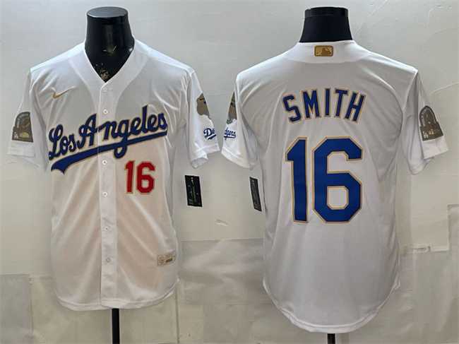 Men%27s Los Angeles Dodgers #16 Will Smith White 2026 Gold Collection 9x & B2B Champs Patch Stitched Jersey Dzhi