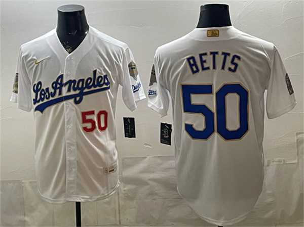 Men%27s Los Angeles Dodgers #50 Mookie Betts White 2026 Gold Collection 9x & B2B Champs Patch Stitched Jersey Dzhi