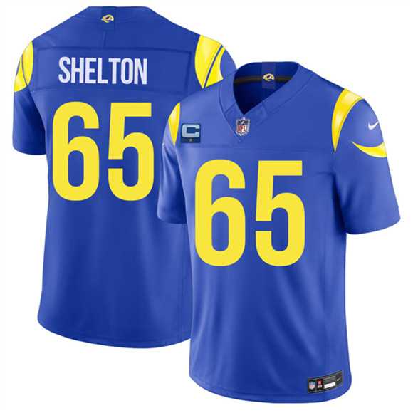 Men%27s Los Angeles Rams #65 Coleman Shelton Royal 2026 F.U.S.E. 1-Star C Patch Vapor Limited Stitched Jersey Dzhi