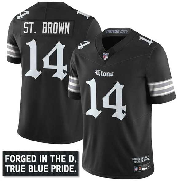 Men%27s Detroit Lions #14 Amon-Ra St. Brown Black F.U.S.E. %27Gothic Motor City Edition%27 Vapor Limited Stitched Jersey Dyin