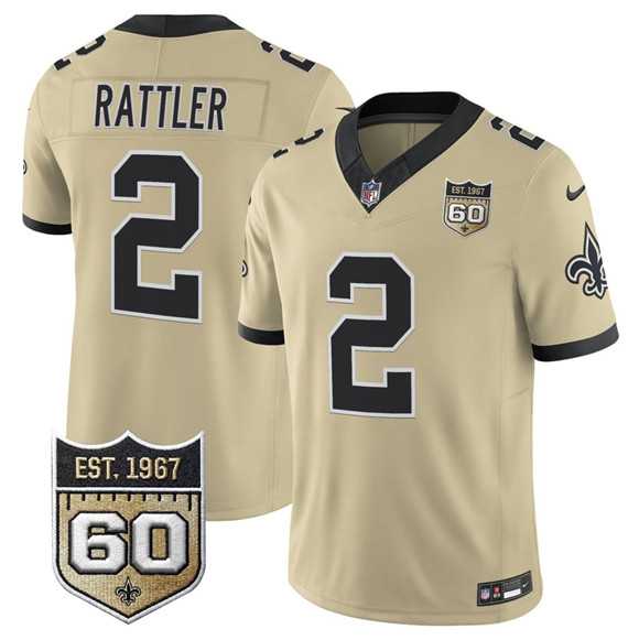 Men%27s New Orleans Saints #2 Spencer Rattler Gold 2026 F.U.S.E 60th Anniversary Patch Vapor Limited Stitched Jersey Dzhi