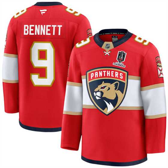 Men%27s Florida Panthers #9 Sam Bennett Red Home 2025 Stanley Cup Champions Patch Stitched Hockey Jersey Dzhi