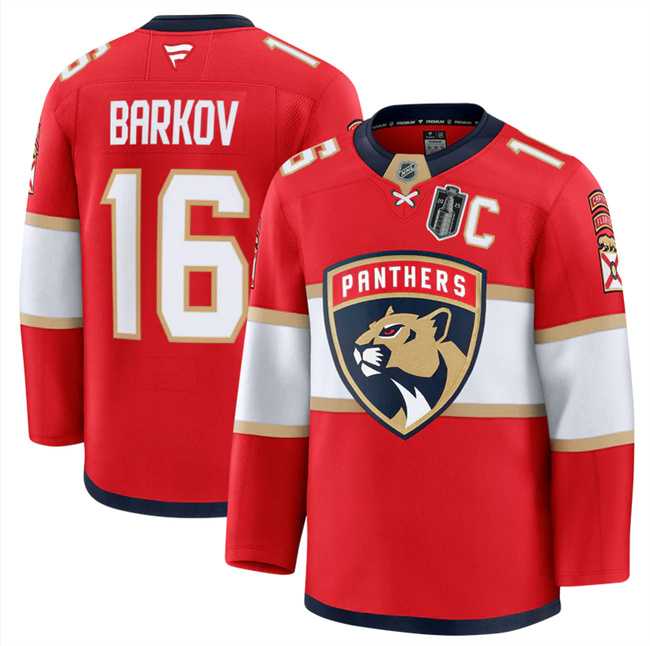Men%27s Florida Panthers #16 Aleksander Barkov Red 2025 Stanley Cup Final Patch Stitched Hockey Jersey Dzhi