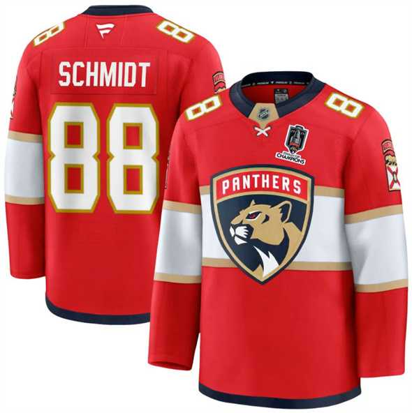 Men%27s Florida Panthers #88 Nate Schmidt Red Home 2025 Stanley Cup Champions Patch Stitched Jersey Dzhi