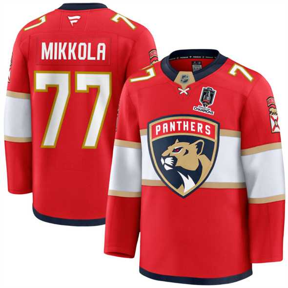 Men%27s Florida Panthers #77 Niko Mikkola Red Home 2025 Stanley Cup Champions Patch Stitched Jersey Dzhi