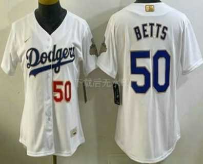 Women%27s Los Angeles Dodgers #50 Mookie Betts White 2026 Gold Collection Stadium Jersey