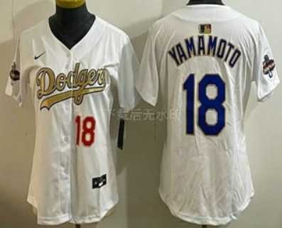 Women%27s Los Angeles Dodgers #18 Yoshinobu Yamamoto White Gold Champions Limited Jersey