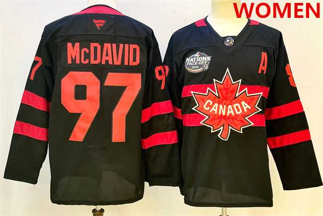 Women%27s Canada #97 Connor McDavid Black 2025 4 Nations Face-Off Premium With A Patch Stitched Jersey