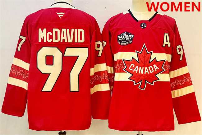 Women%27s Canada #97 Connor McDavid Red 2025 4 Nations Face-Off Premium With A Patch Stitched Jersey