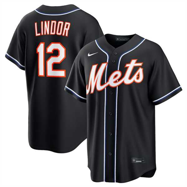 Men%27s New York Mets #12 Francisco Lindor 2026 Black Out Stitched Jersey Dzhi