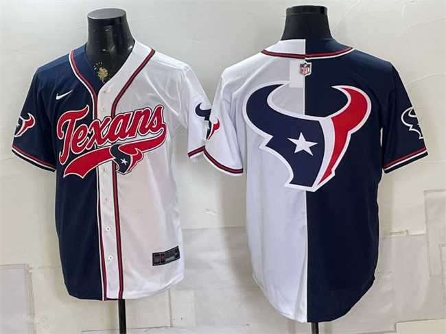 Men%27s Houston Texans Team Big Logo Navy White Split With Patch Cool Base Stitched Baseball Jersey