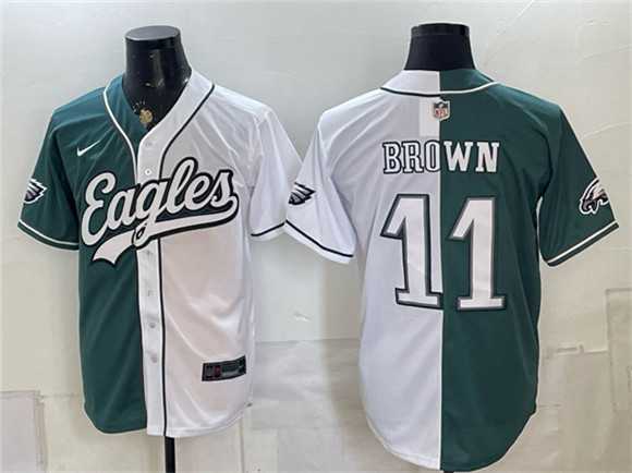 Men%27s Philadelphia Eagles #11 A.J. Brown Green White Split Stitched Jersey