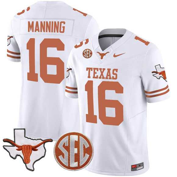 Men%27s Texas Longhorns #16 Arch Manning White F.U.S.E. Map & SEC Patch Vapor Limited V4 Stitched Jersey Dzhi