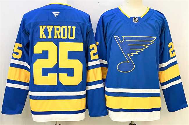 Men%27s St. Louis Blues #25 Jordan Kyrou Blue 2025 Stitched Hockey Jersey