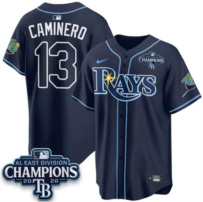 Men%27s Tampa Bay Rays #13 Junior Caminero Navy 2026 AL East Champions Patch Limited Stitched Jersey Dzhi