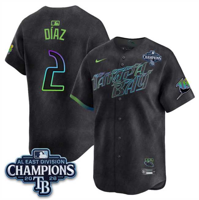 Men%27s Tampa Bay Rays #2 Yandy Diaz Charcoal 2026 AL East Champions Patch City Connect Limited Stitched Jersey Dzhi