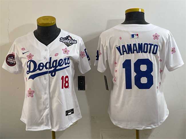 Women%27s Los Angeles Dodgers #18 Yoshinobu Yamamoto White 2025 World Series Patch Tokyo Series Limited Stitched Jersey