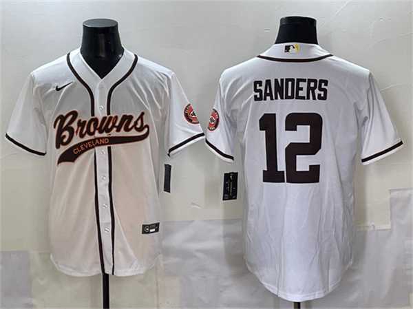 Men%27s Cleveland Browns #12 Shedeur Sanders White With Patch Cool Base Stitched Baseball Jersey