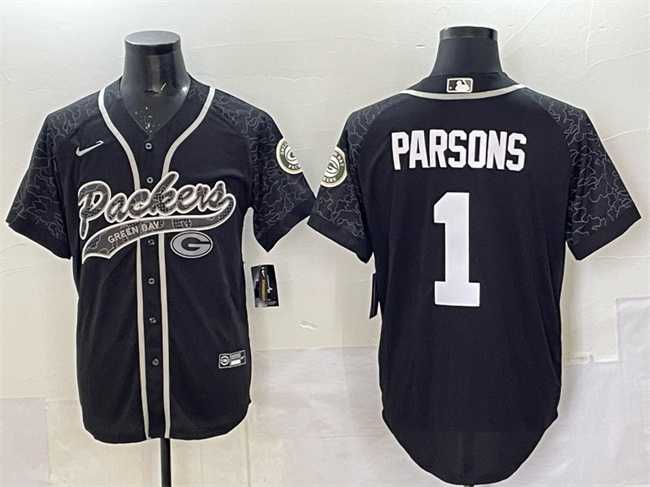 Men%27s Green Bay Packers #1 Micah Parsons Black Reflective With Patch Cool Base Stitched Baseball Jersey