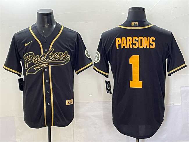 Men%27s Green Bay Packers #1 Micah Parsons Black Gold Cool Base Stitched Baseball Jersey