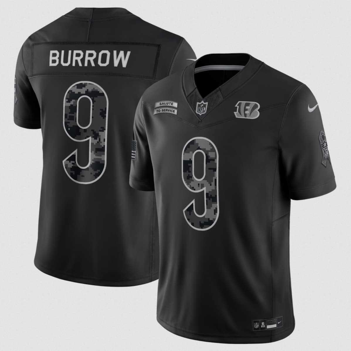 Men%27s Cincinnati Bengals #9 Joe Burrow Black 2026 F.U.S.E. Salute to Service Limited Stitched Jersey